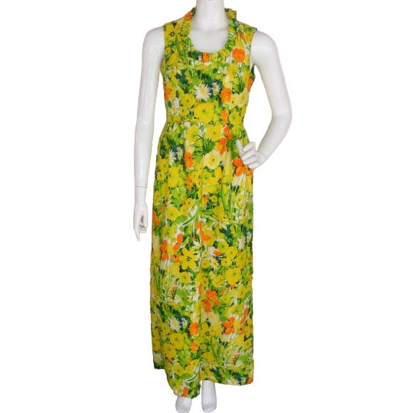 60's Vintage Maxi Dress, S, Bright Floral, Ruffle, Yellow/Orange/Green - Picture 1 of 9
